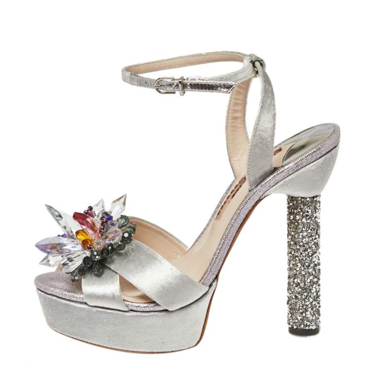 Pre Owned Sophia Webster Grey Velvet Glacia Embellished Platform Ankle Strap Sandals Size 39