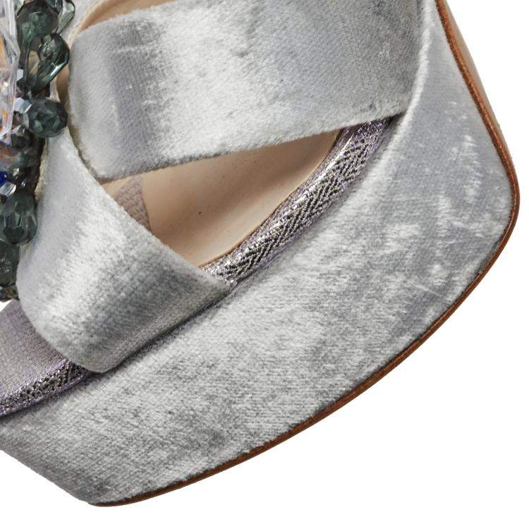 Pre Owned Sophia Webster Grey Velvet Glacia Embellished Platform Ankle Strap Sandals Size 39