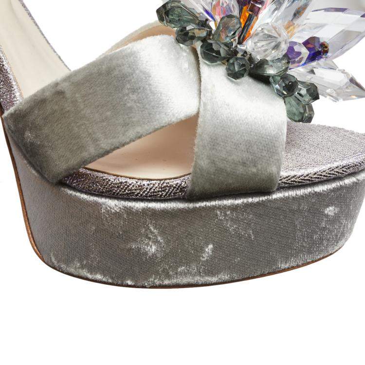 Pre Owned Sophia Webster Grey Velvet Glacia Embellished Platform Ankle Strap Sandals Size 39