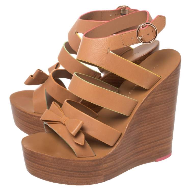 Pre Owned Sophia Webster Brown Leather Samara Strappy Wedge Platform Ankle Strap Sandals Size 38.5