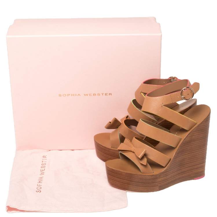 Pre Owned Sophia Webster Brown Leather Samara Strappy Wedge Platform Ankle Strap Sandals Size 38.5