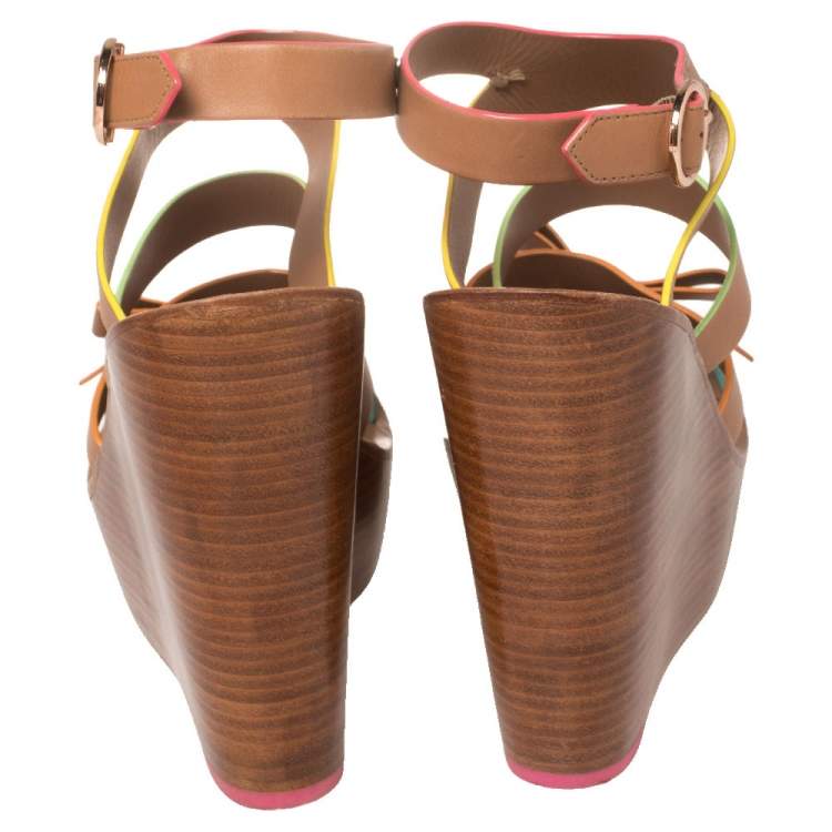 Pre Owned Sophia Webster Brown Leather Samara Strappy Wedge Platform Ankle Strap Sandals Size 38.5
