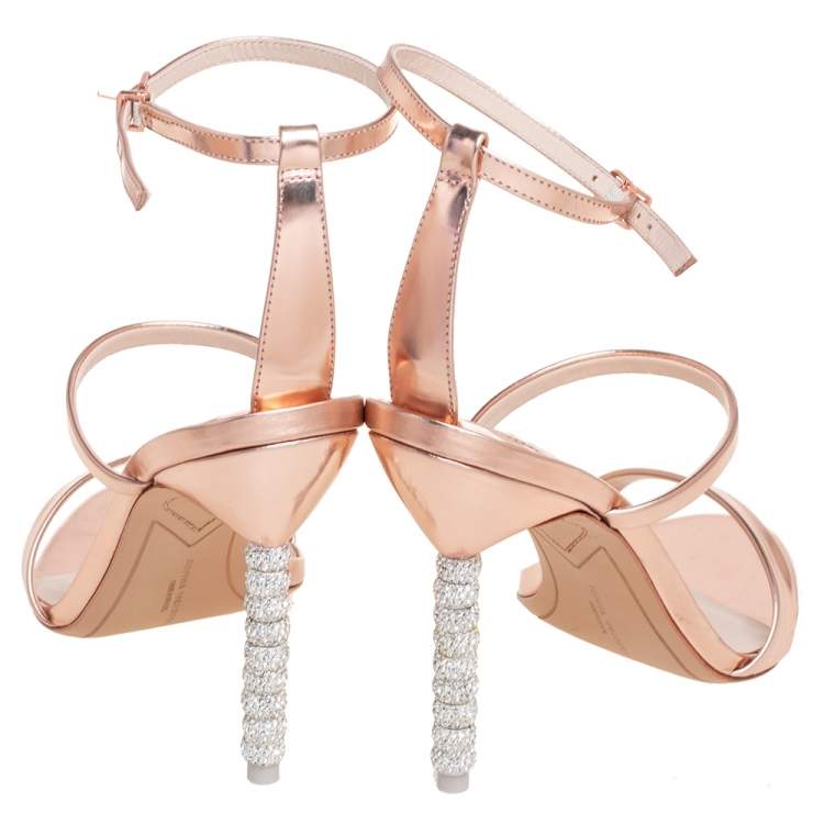 Pre Owned Sophia Webster Rose Gold Leather Rosalind Crystal Heel Ankle Strap Sandals Size 39