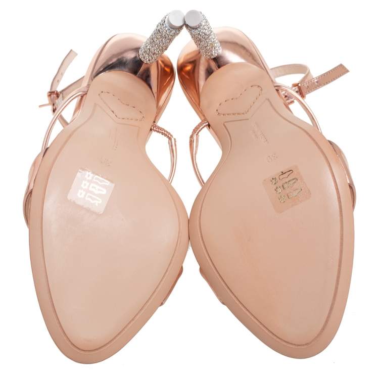 Pre Owned Sophia Webster Rose Gold Leather Rosalind Crystal Heel Ankle Strap Sandals Size 39