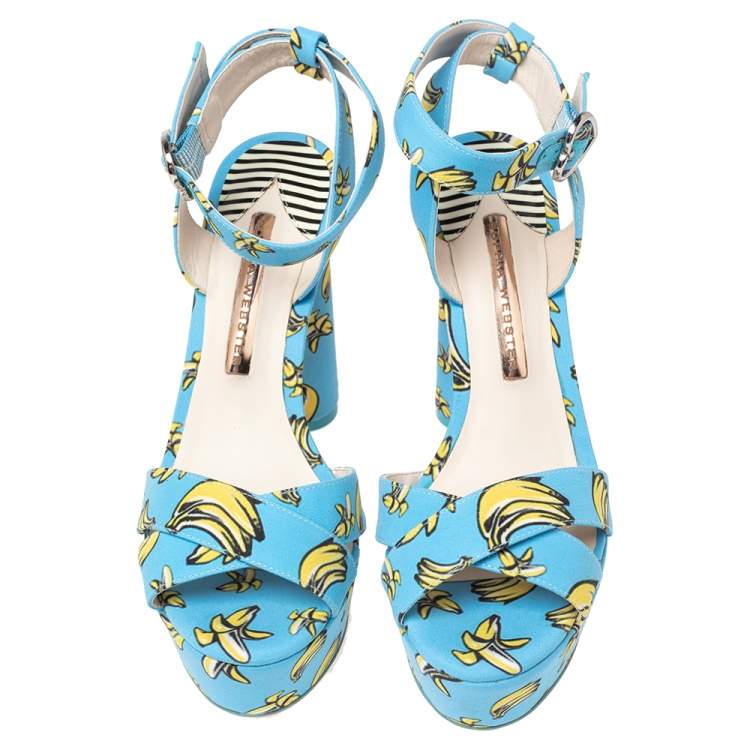 Pre Owned Sophia Webster Blue Banana Printed Fabric Amanda Ankle Strap Platform Sandals Size 37.5
