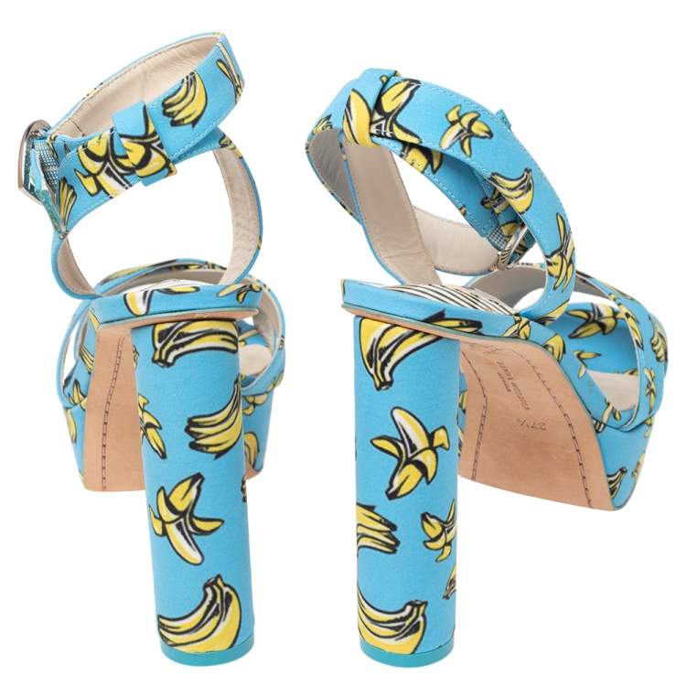 Pre Owned Sophia Webster Blue Banana Printed Fabric Amanda Ankle Strap Platform Sandals Size 37.5