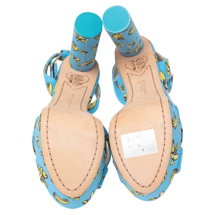 Pre Owned Sophia Webster Blue Banana Printed Fabric Amanda Ankle Strap Platform Sandals Size 37.5
