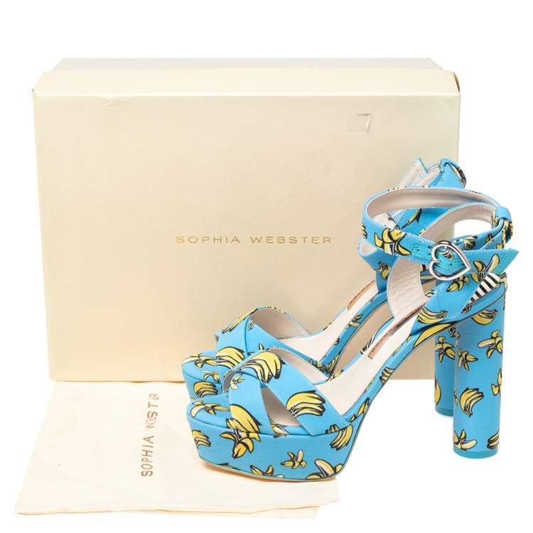 Pre Owned Sophia Webster Blue Banana Printed Fabric Amanda Ankle Strap Platform Sandals Size 37.5