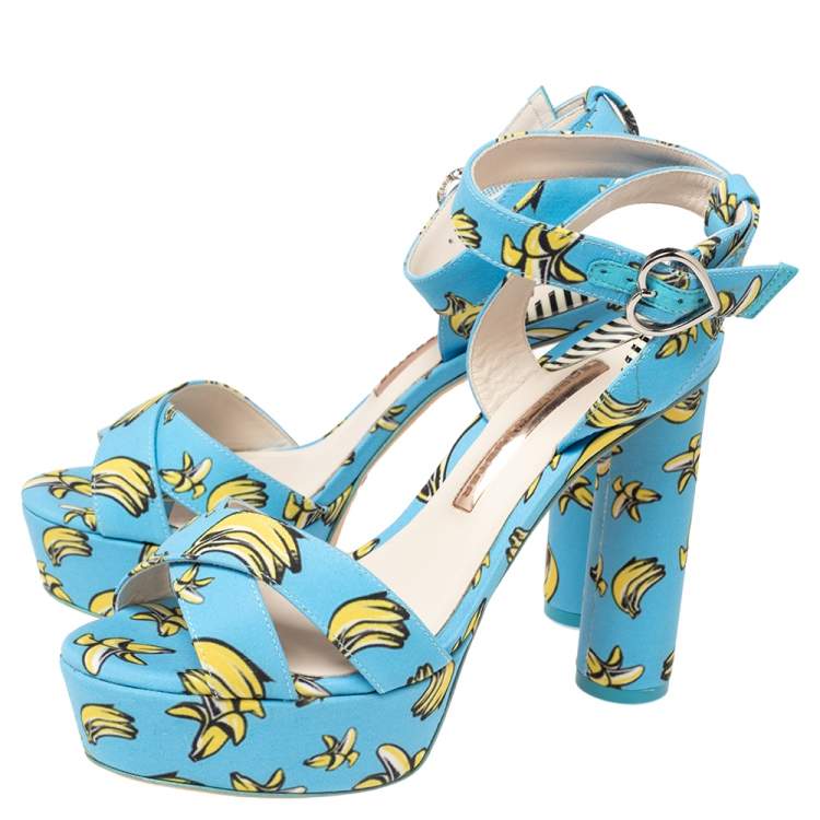 Pre Owned Sophia Webster Blue Banana Printed Fabric Amanda Ankle Strap Platform Sandals Size 37.5