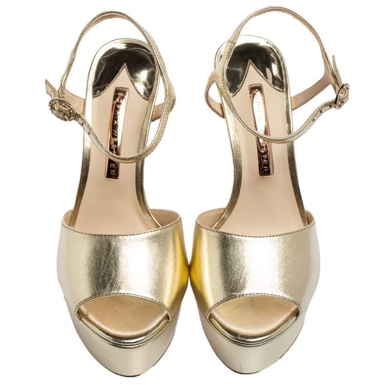 Pre Owned Sophia Webster Gold Leather Natalia Platform Ankle Strap Sandals Size 38.5