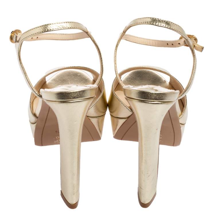 Pre Owned Sophia Webster Gold Leather Natalia Platform Ankle Strap Sandals Size 38.5