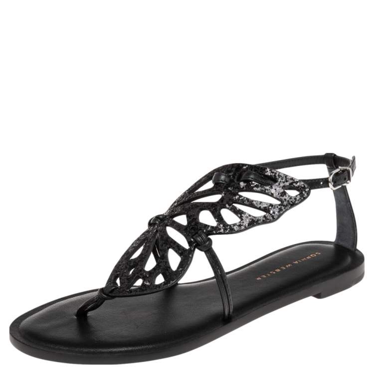 Pre Owned Sophia Webster Black Glitter Leather Butterfly Flat Sandals Size 38