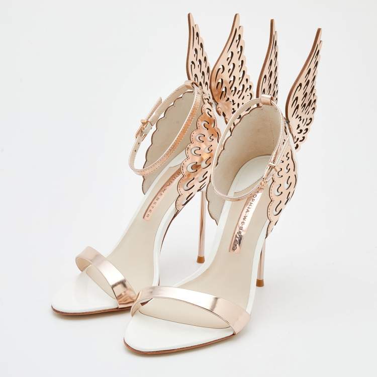 مملوكة مسبقًا Sophia Webster Rose Gold/White Leather Evangeline Laser Cut Angel Wing Ankle Strap Sandals Size 37