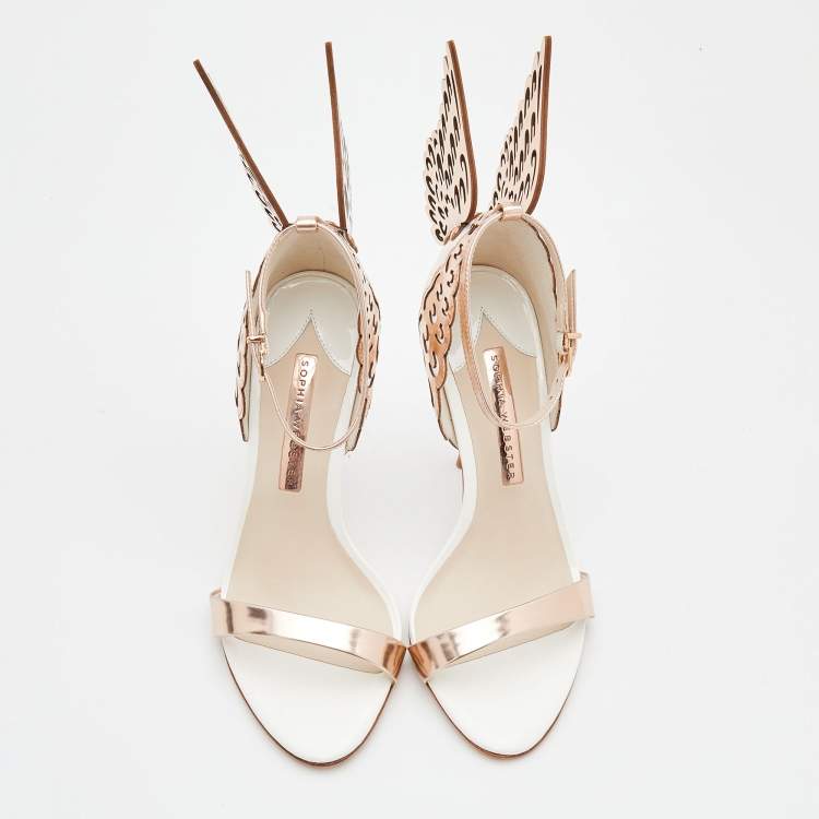 مملوكة مسبقًا Sophia Webster Rose Gold/White Leather Evangeline Laser Cut Angel Wing Ankle Strap Sandals Size 37