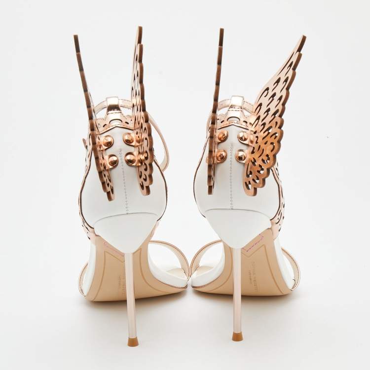 مملوكة مسبقًا Sophia Webster Rose Gold/White Leather Evangeline Laser Cut Angel Wing Ankle Strap Sandals Size 37