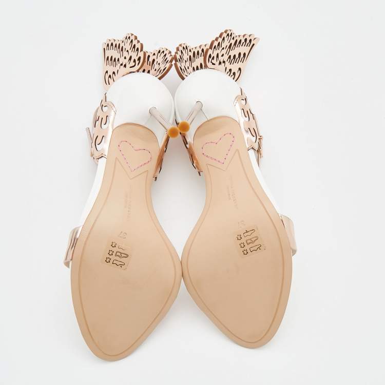 مملوكة مسبقًا Sophia Webster Rose Gold/White Leather Evangeline Laser Cut Angel Wing Ankle Strap Sandals Size 37
