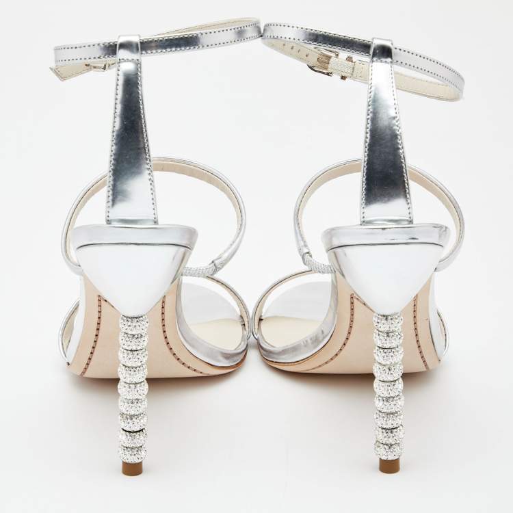 Pre Owned Sophia Webster Silver Leather Rosalind Crystal Heel Ankle Strap Sandals Size 39.5