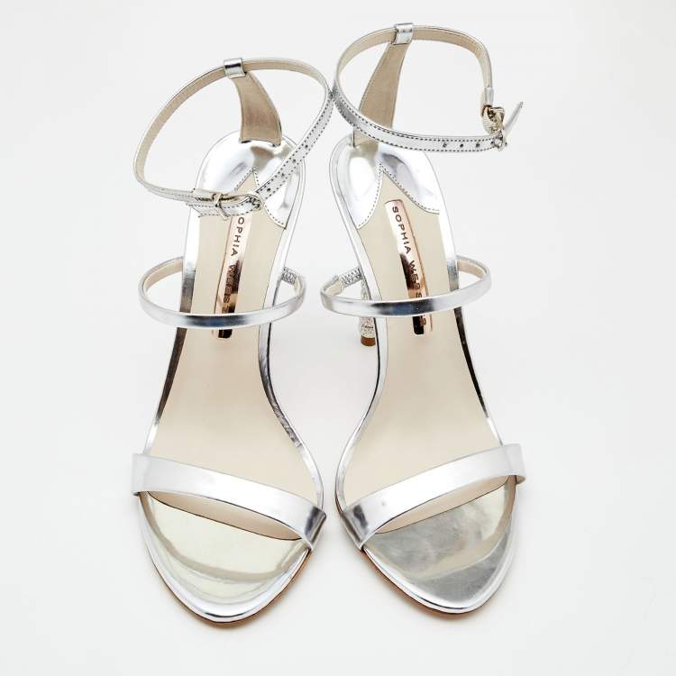 Pre Owned Sophia Webster Silver Leather Rosalind Crystal Heel Ankle Strap Sandals Size 39.5