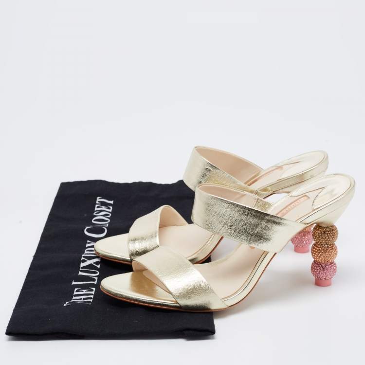 Pre Owned Sophia Webster Gold Leather Embellished Heel Slide Sandals Size 37