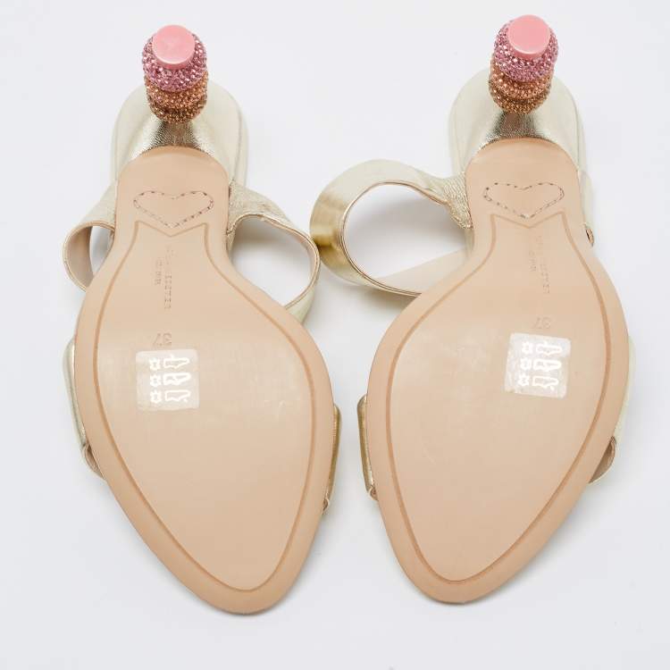 Pre Owned Sophia Webster Gold Leather Embellished Heel Slide Sandals Size 37