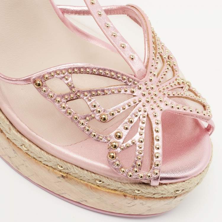 Pre Owned Sophia Webster Metallic Pink Leather and Mesh Farfalla Wedge Sandals Size 37