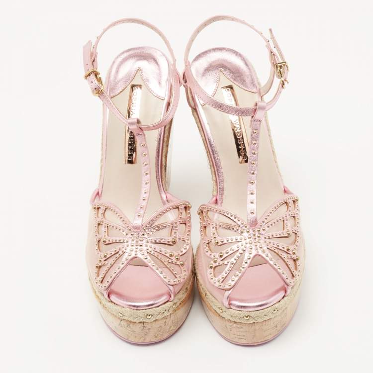 Pre Owned Sophia Webster Metallic Pink Leather and Mesh Farfalla Wedge Sandals Size 37