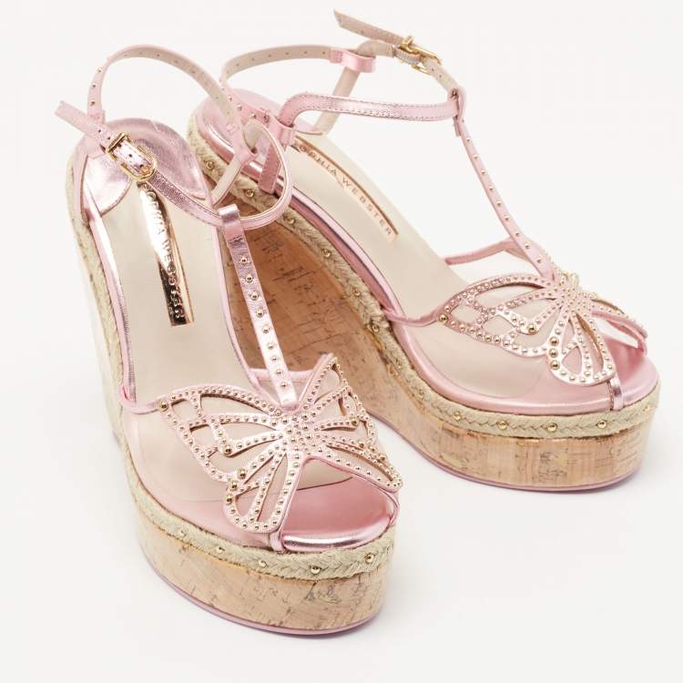 Pre Owned Sophia Webster Metallic Pink Leather and Mesh Farfalla Wedge Sandals Size 37
