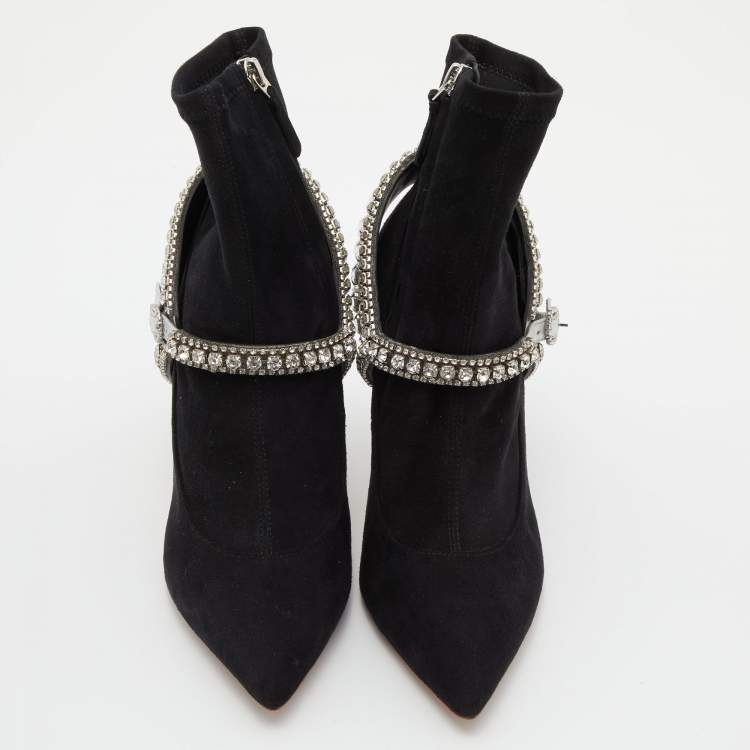 Pre Owned Sophia Webster Black Suede Crystal Embellished Lorena Ankle Booties Size 38