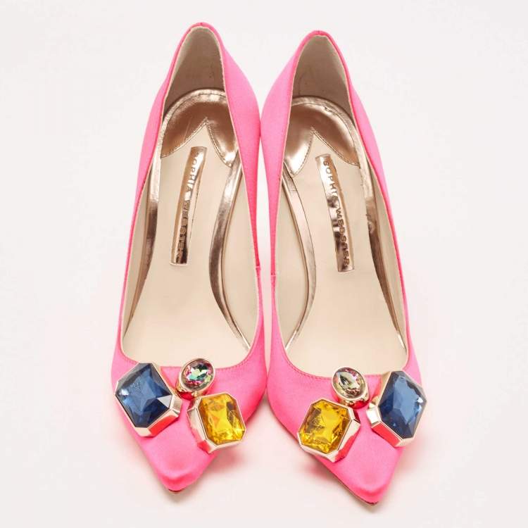 Pre Owned Sophia Webster Hot Pink Satin Lola Gem Pointed Toe Pumps Size 37.5