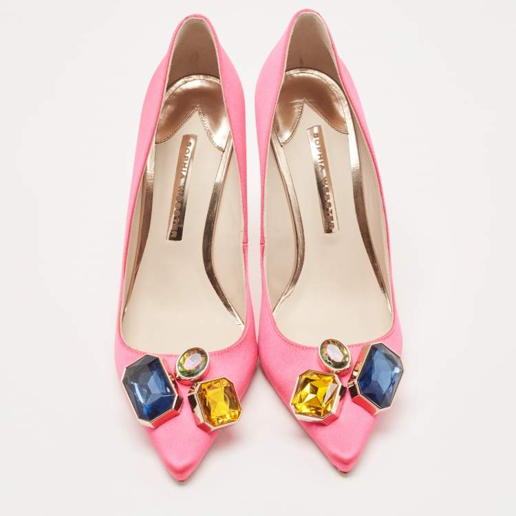 Pre Owned Sophia Webster Hot Pink Satin Lola Gem Pointed Toe Pumps Size 39.5