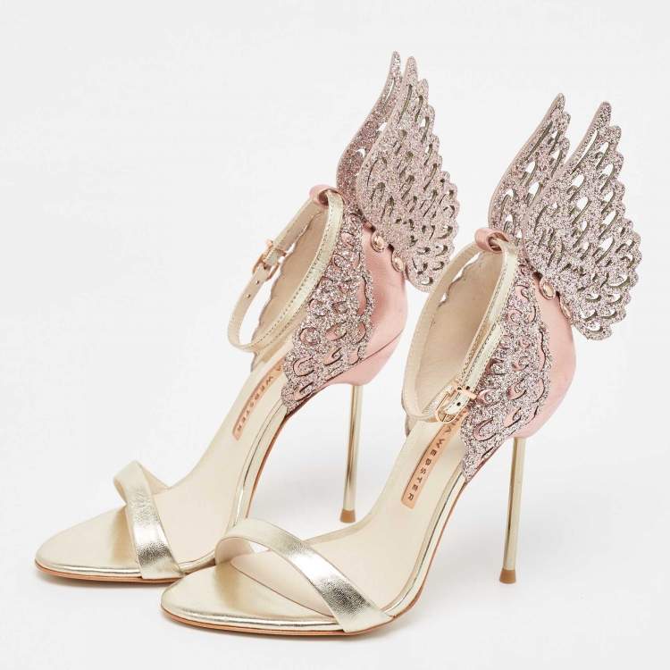 Pre Owned Sophia Webster Gold/Pink Leather and Glitter Chiara Ankle Strap Sandals Size 36