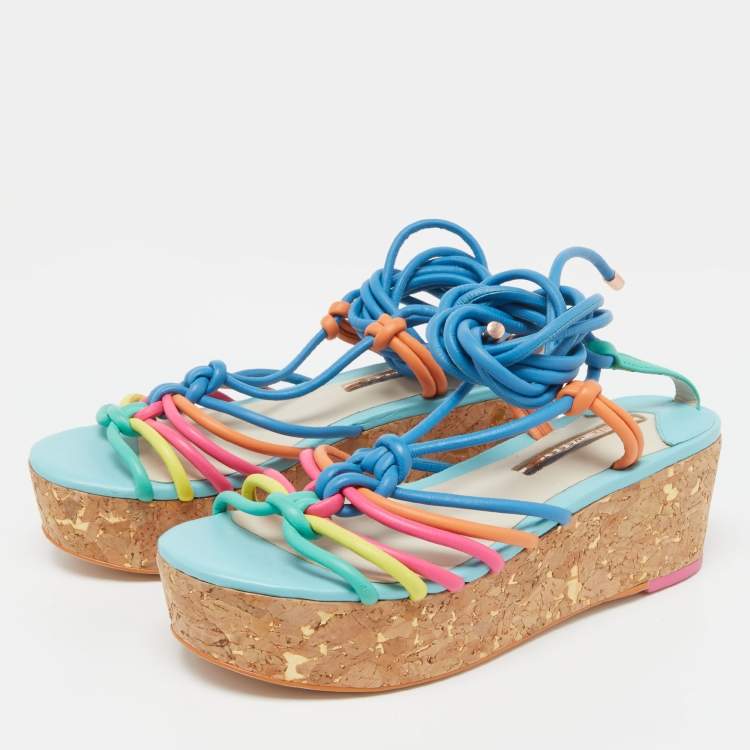 Pre Owned Sophia Webster Multicolor Leather Cork Platform Ankle Tie Sandals Size 36.5