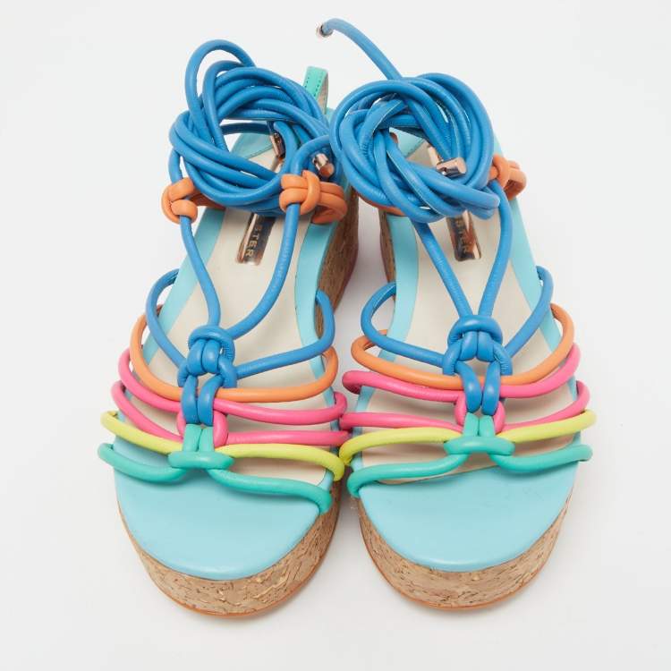 Pre Owned Sophia Webster Multicolor Leather Cork Platform Ankle Tie Sandals Size 36.5