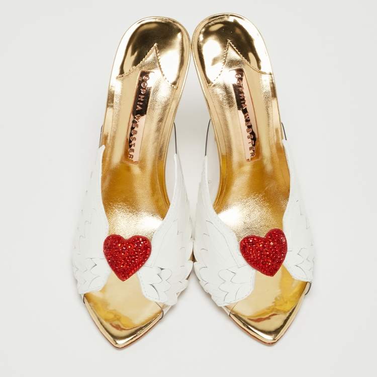 Pre Owned Sophia Webster White Leather and PVC Wing Embellished Mules Size 37.5 