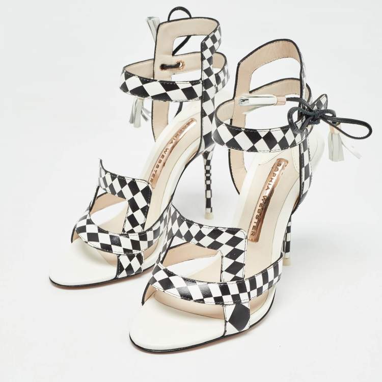 Pre Owned Sophia Webster White/Black Checkered Leather Poppy Sandals Size 35.5