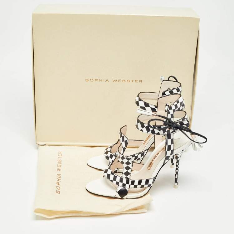 Pre Owned Sophia Webster White/Black Checkered Leather Poppy Sandals Size 35.5