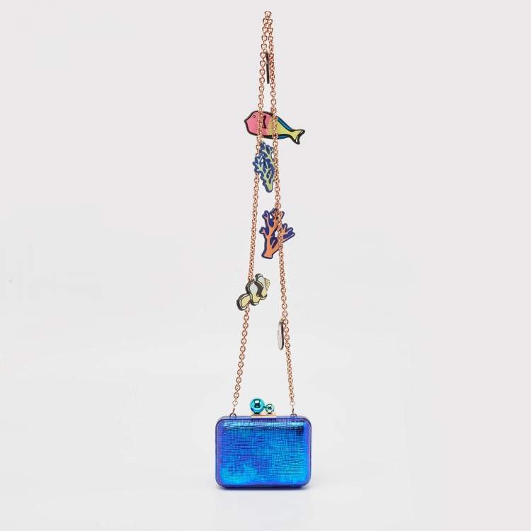 Pre Owned Sophia Webster Metallic Blue Foil Leather The Vivi Sea Life Chain Clutch
