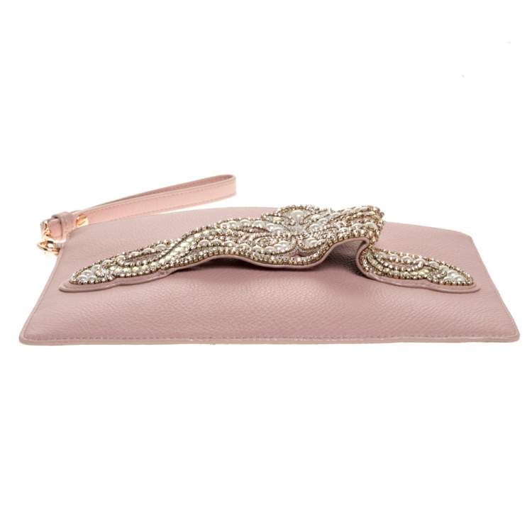 Pre Owned Sophia Webster Powder Pink Leather Flowwy Royalty Wristlet Clutch