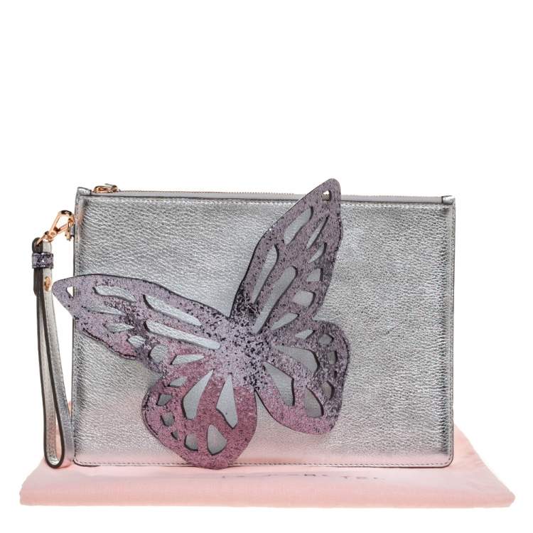 Pre Owned Sophia Webster Metallic Silver Leather Butterfly Wristlet Pouch