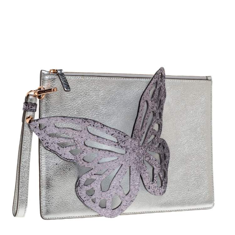 Pre Owned Sophia Webster Metallic Silver Leather Butterfly Wristlet Pouch