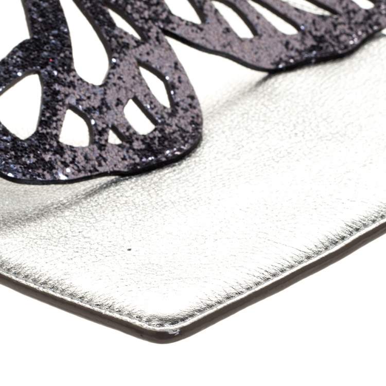 Pre Owned Sophia Webster Metallic Silver Leather Butterfly Wristlet Pouch