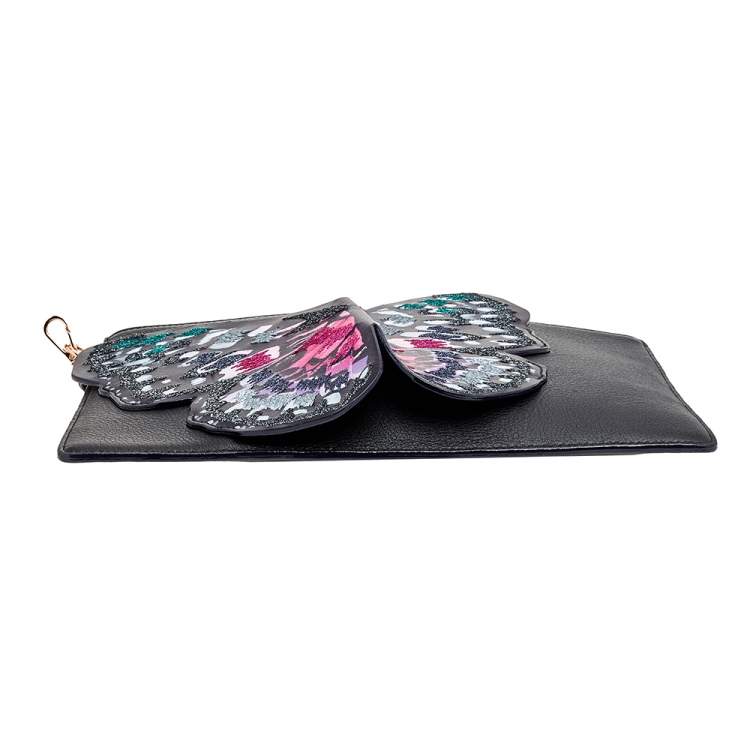 Pre Owned Sophia Webster Black Leather Butterfly Embellished Clutch