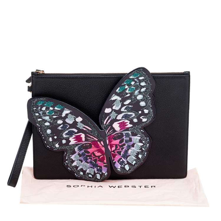 Pre Owned Sophia Webster Black Leather Butterfly Embellished Clutch