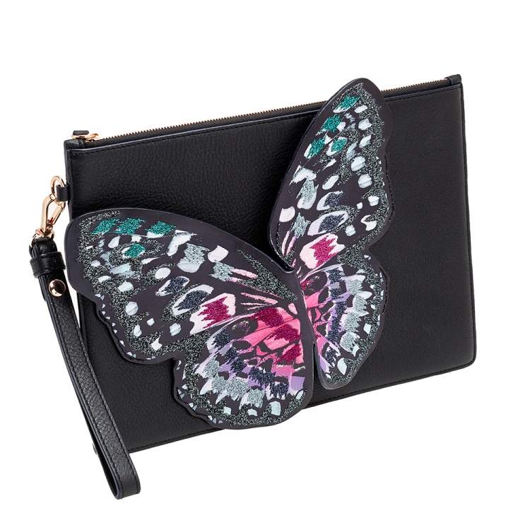 Pre Owned Sophia Webster Black Leather Butterfly Embellished Clutch