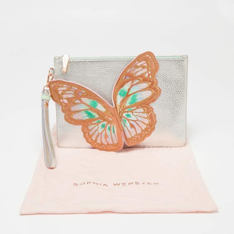 Pre Owned Sophia Webster Metallic Silver Leather Butterfly Wristlet Pouch