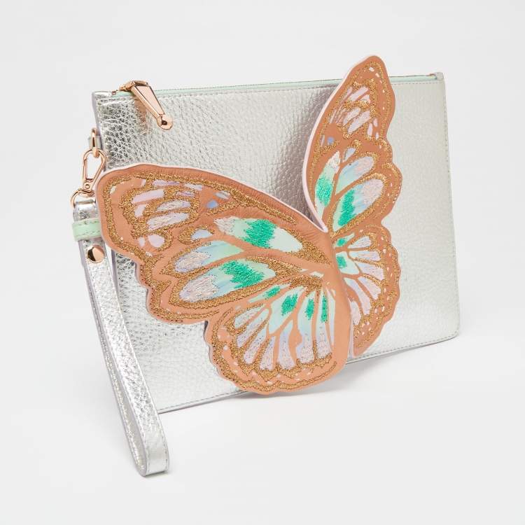 Pre Owned Sophia Webster Metallic Silver Leather Butterfly Wristlet Pouch