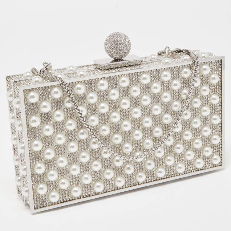 Pre Owned Sophia Webster Silver Crystal/Pearl Embellished Clara Box Clutch
