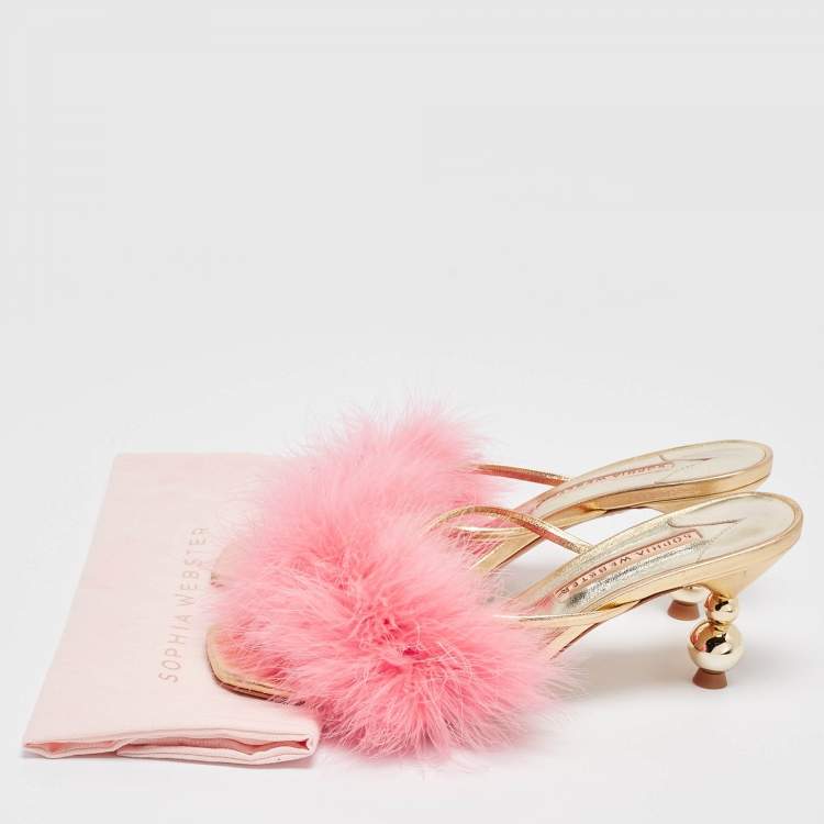 Pre Owned Sophia Webster Pink/Gold Leather and Fur Slide Sandals Size 40