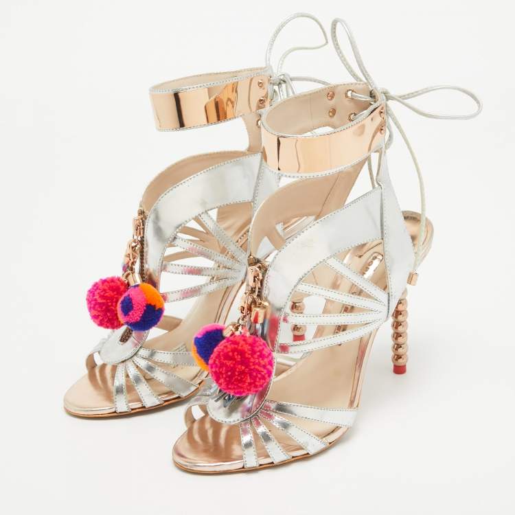 Pre Owned Sophia Webster Silver Mirrored Leather Yasmina Pom Pom Embellished Sandals Size 37