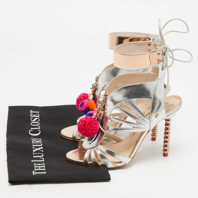 Pre Owned Sophia Webster Silver Mirrored Leather Yasmina Pom Pom Embellished Sandals Size 37